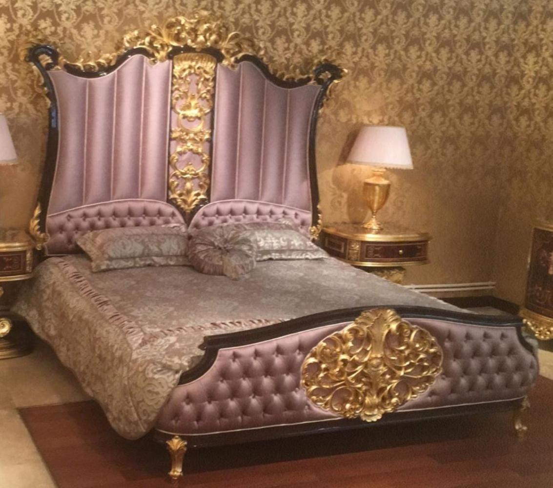Casa Padrino Luxus Barock Doppelbett Rosa / Dunkelbraun / Gold - Edles Massivholz Bett mit Kopfteil - Prunkvolle Schlafzimmer Möbel im Barockstil Bild 1