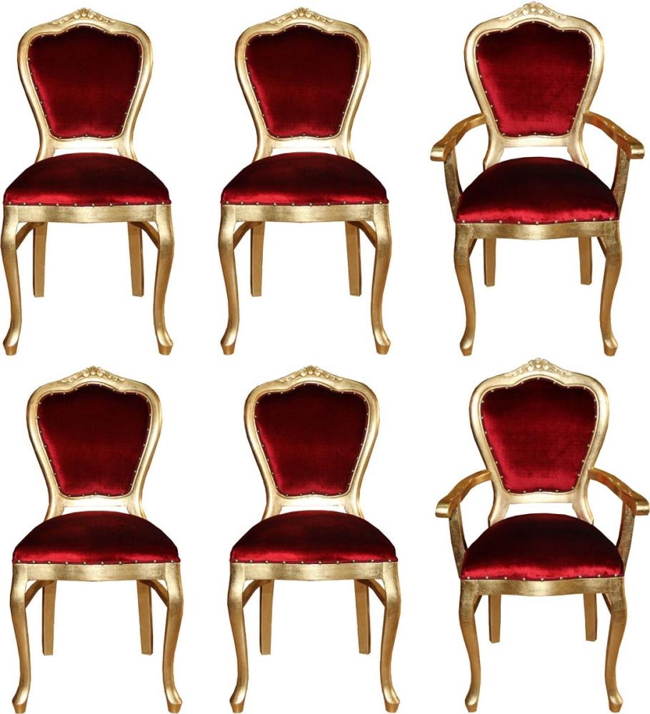 Casa Padrino Luxus Barock Esszimmer Set Bordeauxrot / Gold - 6 handgefertigte Esszimmerstühle - 2 Stühle mit Armlehnen und 4 Stühle ohne Armlehnen - Barock Esszimmermöbel Bild 1