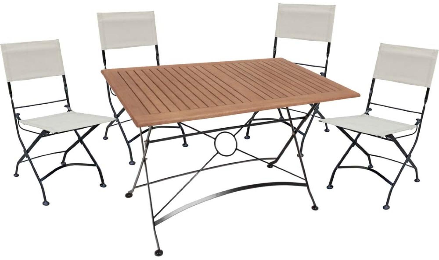 Tischgruppe TRIEST, 5 teilig, Stahl, Eukalyptus Grandis Bild 1