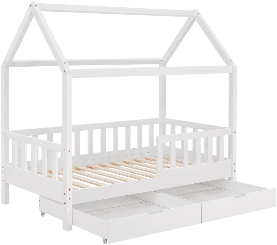 Juskys Kinderbett Marli 80 x 160 cm mit Bettkasten 2-teilig, Rausfallschutz, Lattenrost & Dach - Massivholz Hausbett für Kinder - Bett in Weiß Bild 1