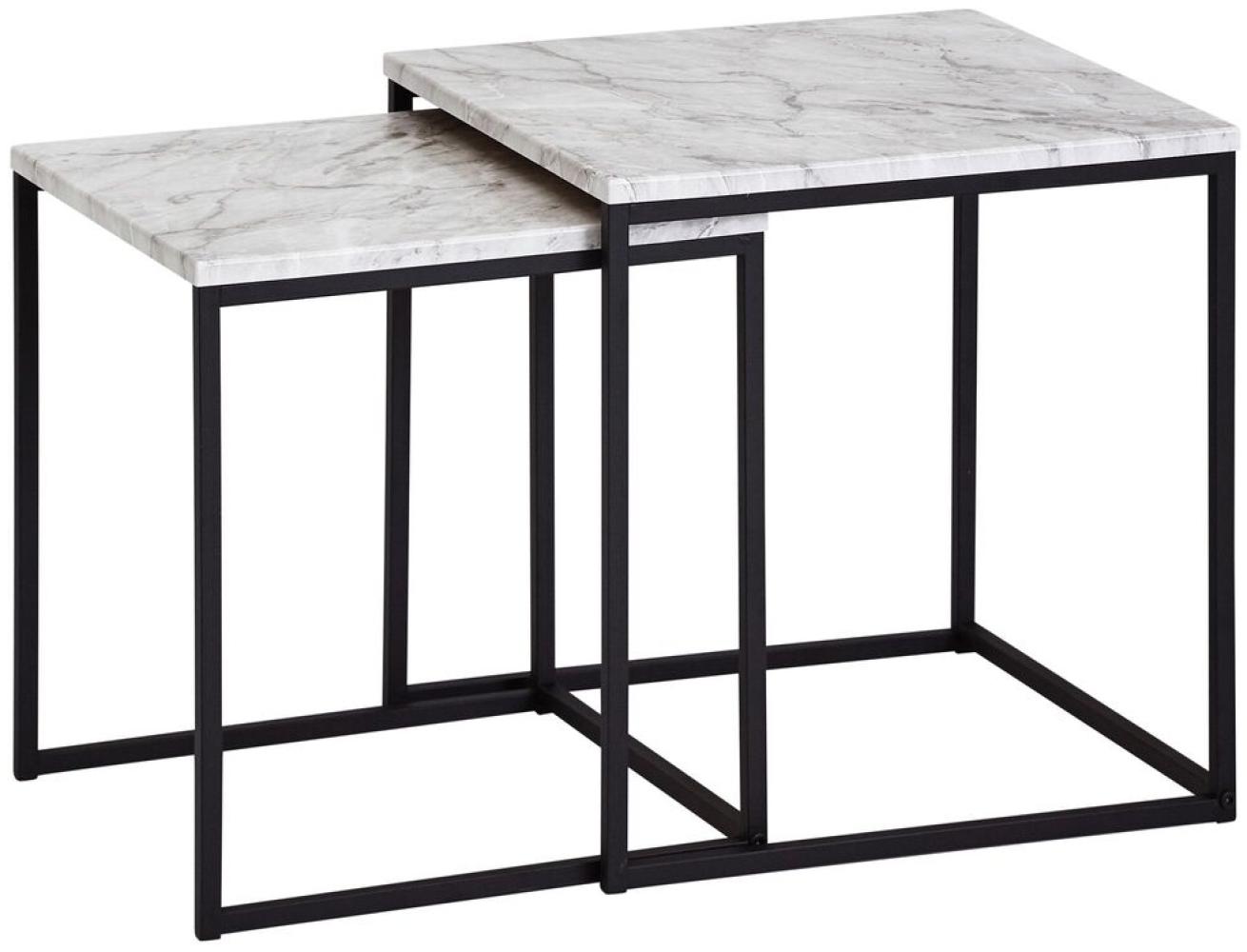 WERAN Design Beistelltisch 2er Set Marmor Optik Weiß Couchtisch 2 teilig Tischgestell Schwarz Bild 1