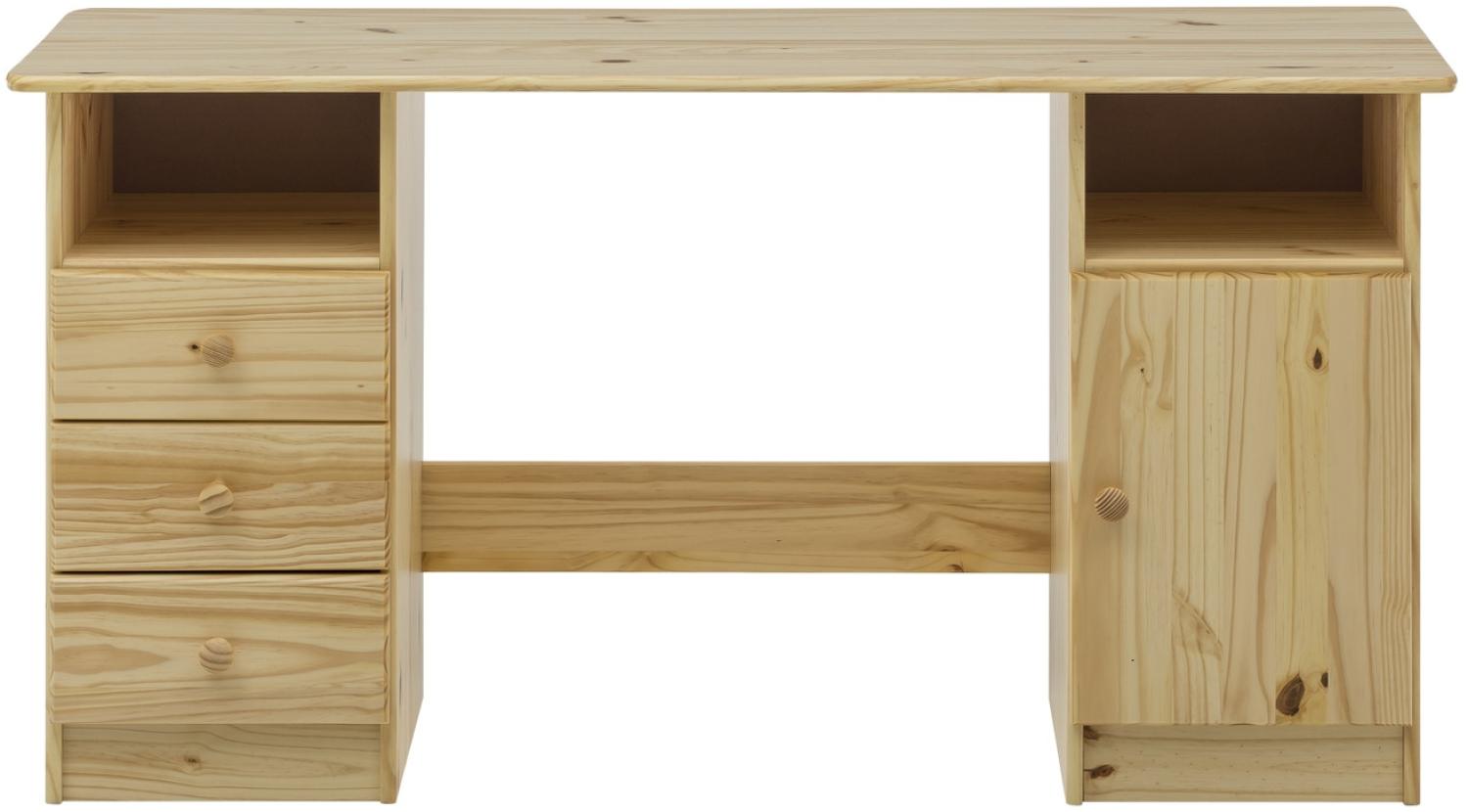 Schreibtisch mit 3 Schubladen und einer Tür, Kiefer massiv Natur lackiert, 144 x 54 x 73 cm Bild 1