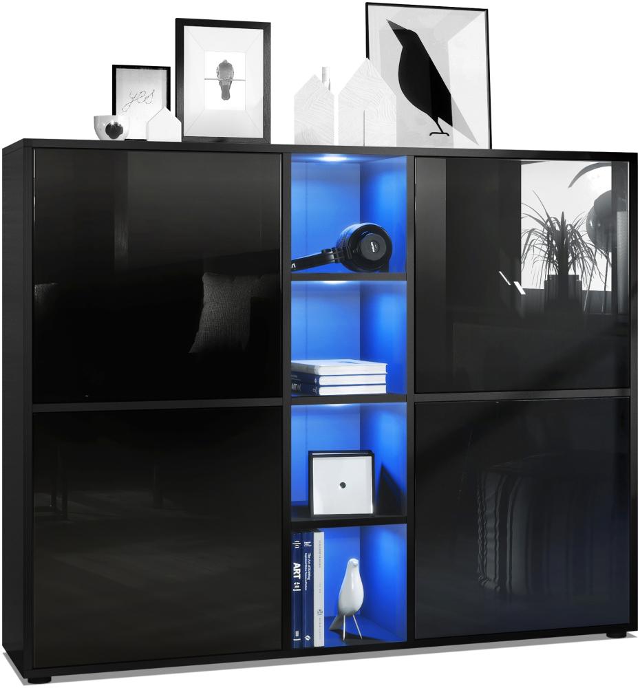 Vladon Highboard Cuba V3, Schwarz matt/Schwarz Hochglanz inkl. LED - Moderne Anrichte mit 12 Fächern (130,5 x 105,5 x 35,5 cm) Bild 1