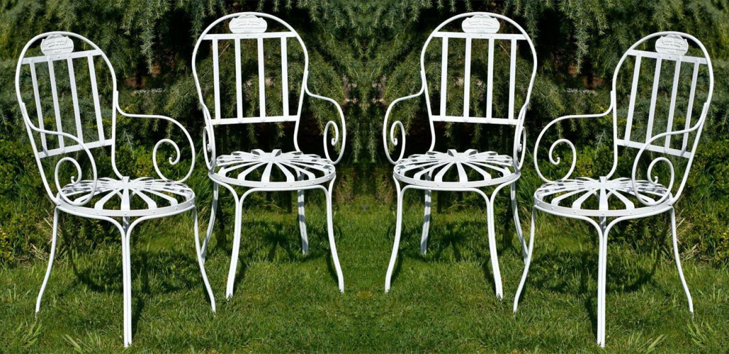 Casa Padrino Jugendstil Garten Stuhl 4er Set Weiß 47 x 47 x H. 94 cm - Handgefertigte Schmiedeeisen Stühle mit Armlehnen - Nostalgische Schmiedeeisen Garten & Terrassen Möbel Bild 1