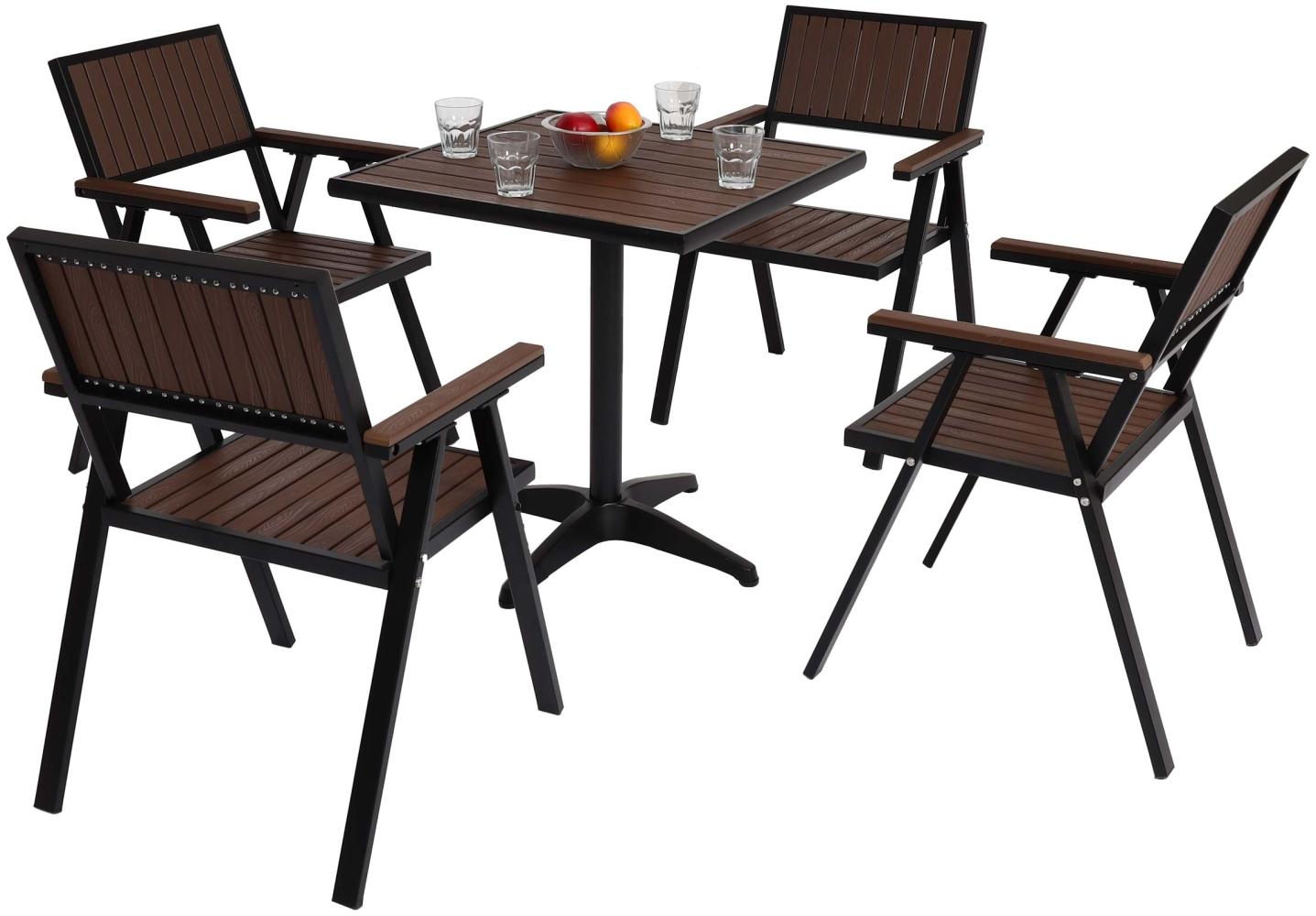 4er-Set Gartenstuhl+Gartentisch HWC-J95, Stuhl Tisch, Gastro Outdoor-Beschichtung, Alu Holzoptik ~ schwarz, dunkelbraun Bild 1