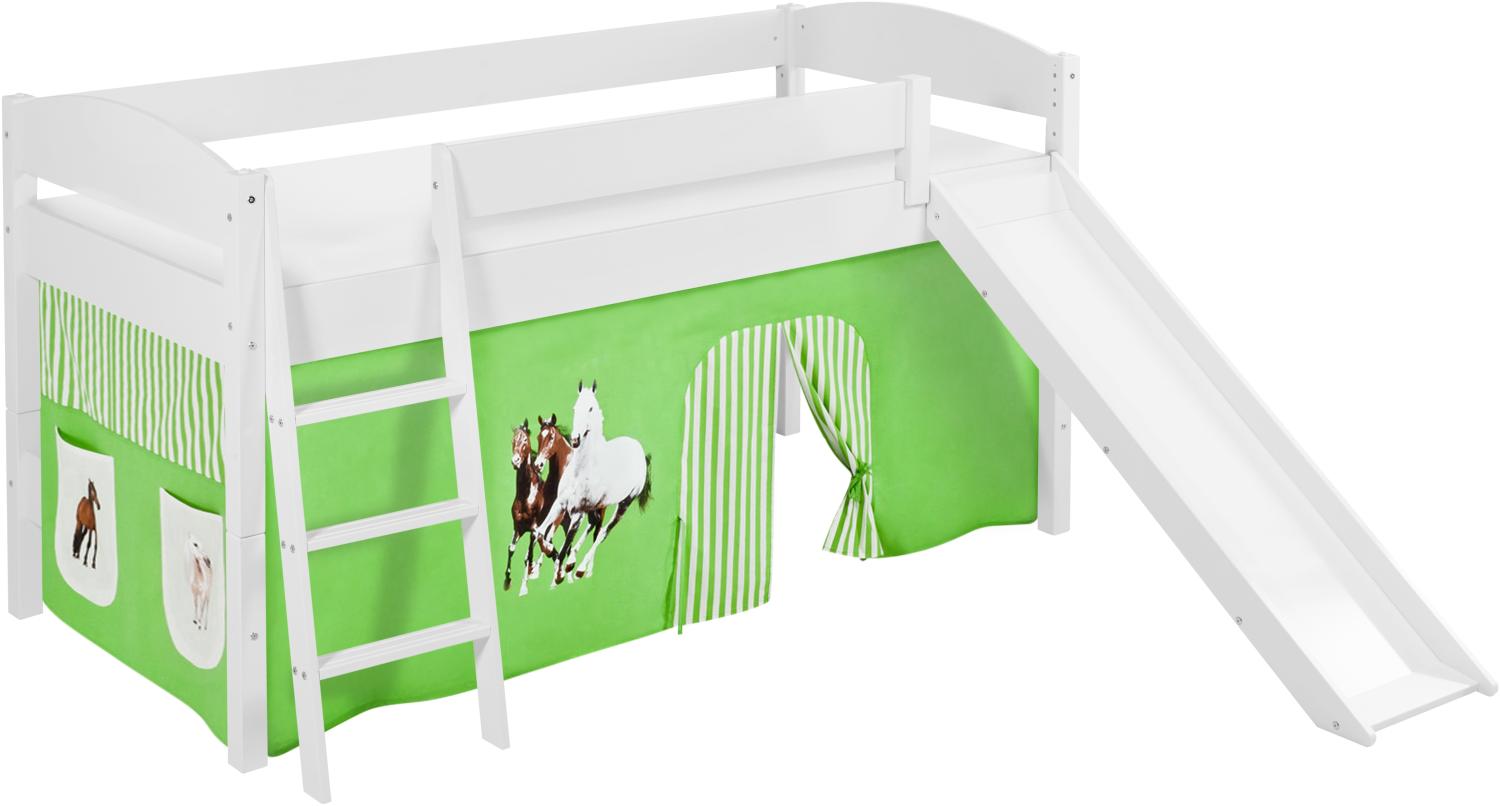 Lilokids 'Ida 4105' Spielbett 90 x 200 cm, Pferde Grün Beige, Kiefer massiv, mit Rutsche und Vorhang Bild 1