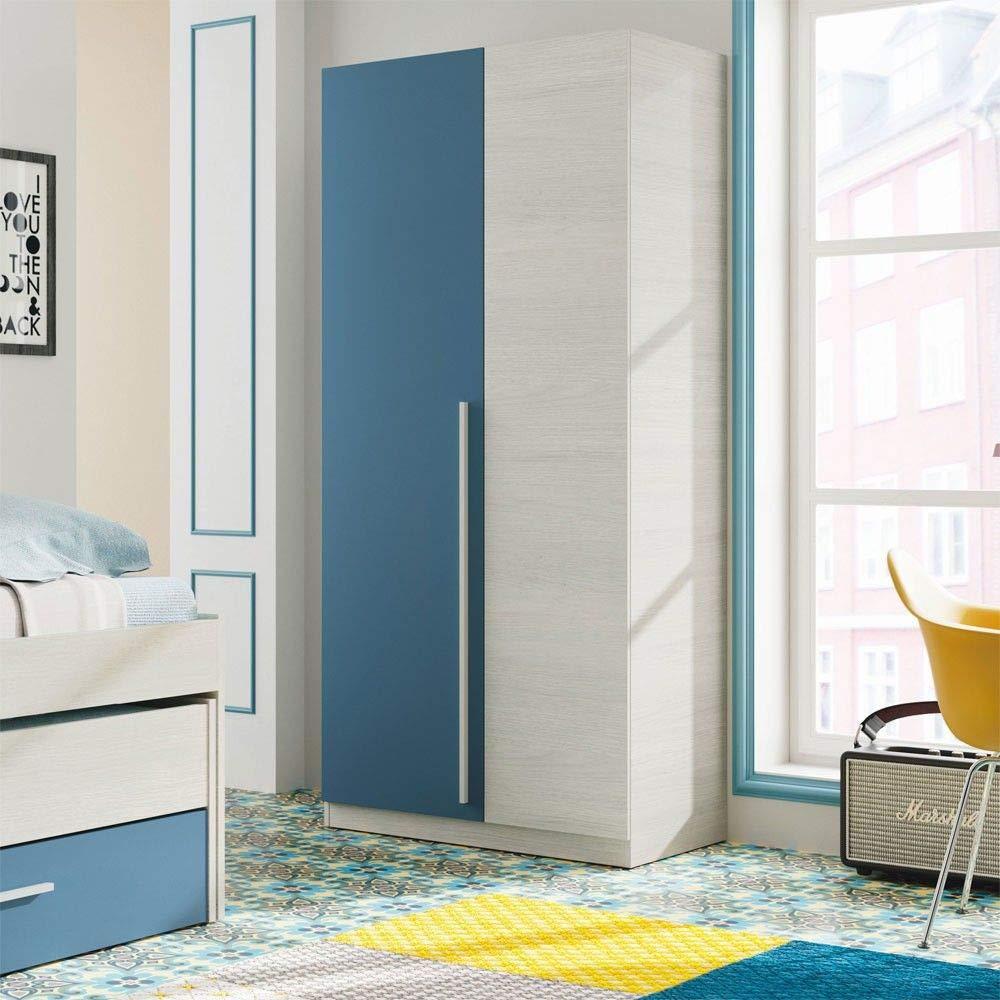 Kleiderschrank mit zwei Türen und drei Einlegeböden, mit Kleiderstange, Holznachbildung weiß und hellblau, 90 x 200 x 52 cm. Bild 1