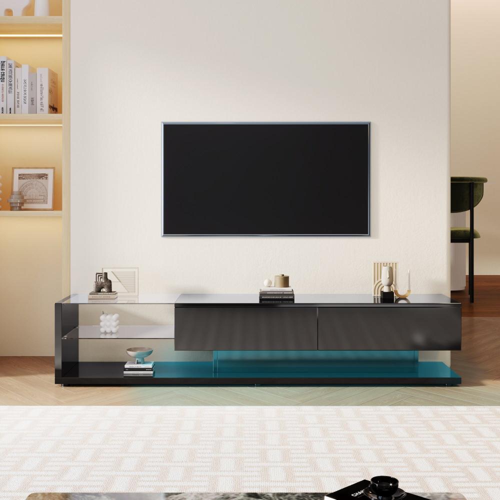 Merax Lowboard mit Glasablagen und Schubladen, TV-Schrank hochglänzend mit LED, TV-Board, TV-Ständer, Breite:170cm, Schwarz Bild 1