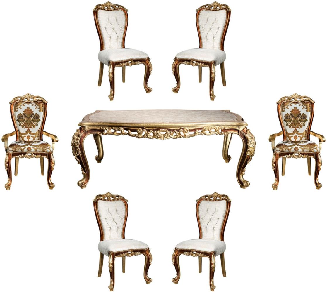 Casa Padrino Luxus Barock Esszimmer Set Weiß / Gold / Braun / Gold - 1 Esszimmertisch & 6 Esszimmerstühle - Edle Esszimmer Möbel im Barockstil - Edel & Prunkvoll Bild 1