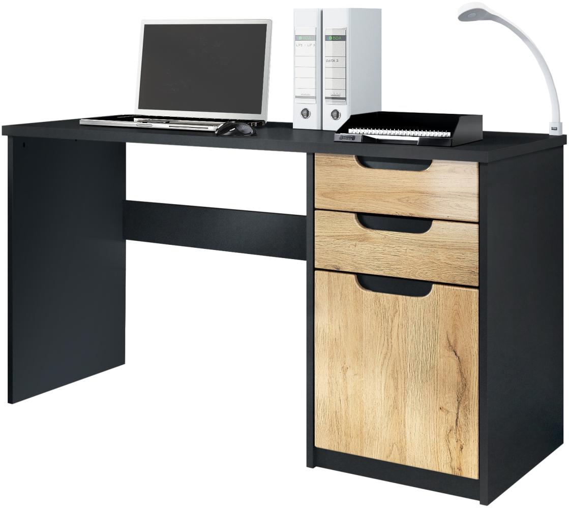 Vladon Schreibtisch Logan, Bürotisch mit 2 Schubladen und 1 Tür, Schwarz matt/Eiche Natur (129 x 76 x 60 cm) Bild 1