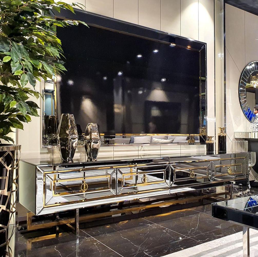Casa Padrino Luxus Wohnzimmer Möbel Set Silber / Gold - Verspiegelter TV Schrank mit verspiegelter Rückwand - Verspiegelte Luxus Möbel Bild 1
