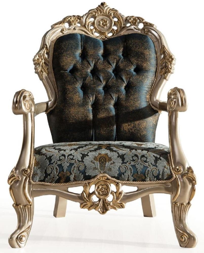 Casa Padrino Luxus Barock Sessel Dunkelblau / Türkis / Silber / Gold - Prunkvoller Wohnzimmer Sessel mit elegantem Muster - Barock Wohnzimmer Möbel Bild 1