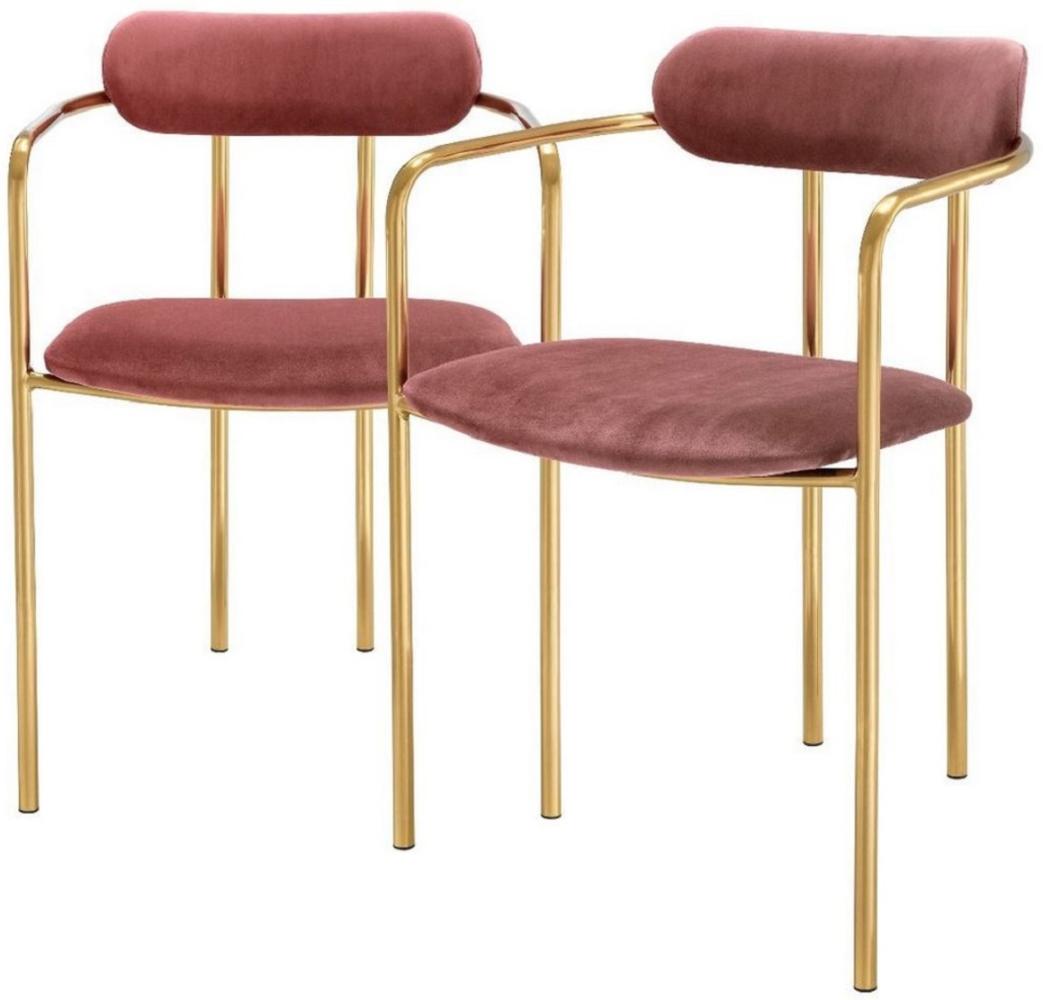Casa Padrino Luxus Esszimmerstühle mit Armlehnen Rosa / Gold 53 x 50 x H. 74 cm - Küchenstühle mit edlem Samtstoff - Esszimmer Set - Esszimmer Möbel Bild 1