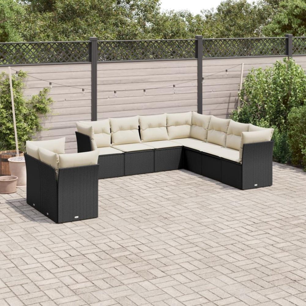 vidaXL 9-tlg. Garten-Sofagarnitur mit Kissen Schwarz Poly Rattan Bild 1