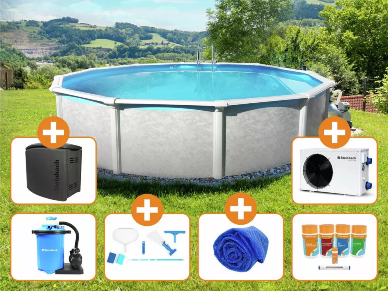 Steinbach Aktionsangebot Stahlwand Swimming Pool Set "Grande rund", Ø 549 x 135 cm,Zubehörset M (inkl. Filteranlage, Grundreinigungsset, Chlor Starterset, Solarabdeckplane, Pooltechnikbox, Wärmepumpe) Bild 1