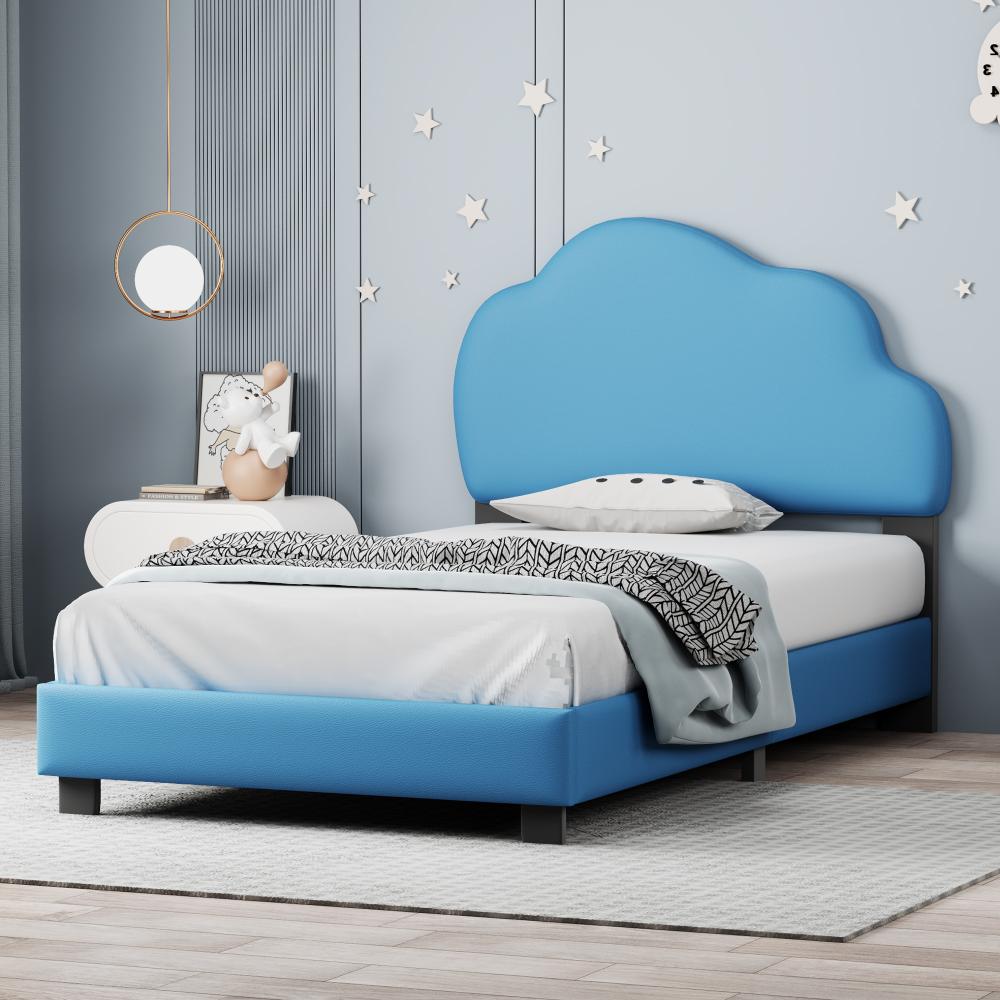 Merax Kinderbett Polsterbett 90*200cm mit mit Lattenrost mit wolkenförmiger Rückenlehne Jungen- und Mädchenbett Blau Bild 1