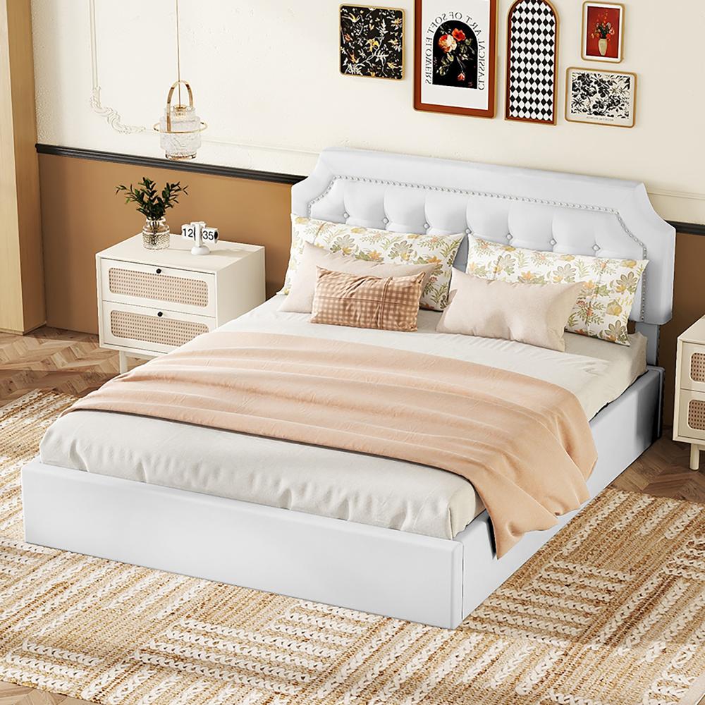 Merax 160*200cm Flachbett, Polsterbett, hydraulisches Zwei-Wege-Bett, minimalistisches Design, stilvolle Polsterung, weiß Bild 1