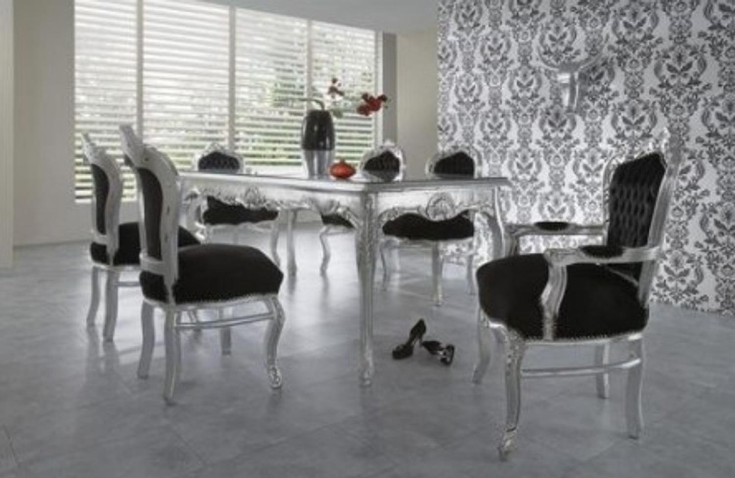 Casa Padrino Barock Esszimmer Set Schwarz/Silber/Silber - Esstisch + 6 Stühle Bild 1