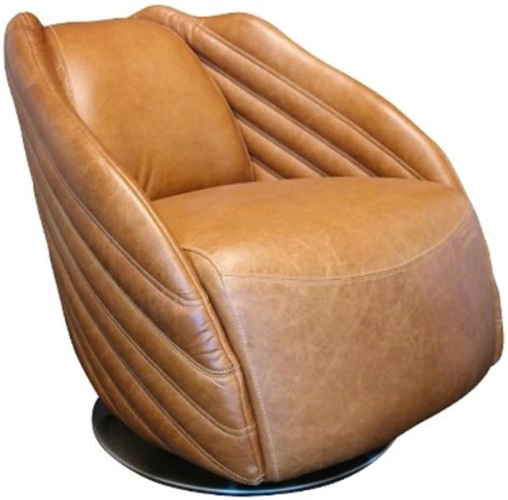 Casa Padrino Luxus Drehsessel Hellbraun / Silber 69 x 97 x H. 79 cm - Echtleder Sessel im Art Deco Design Bild 1