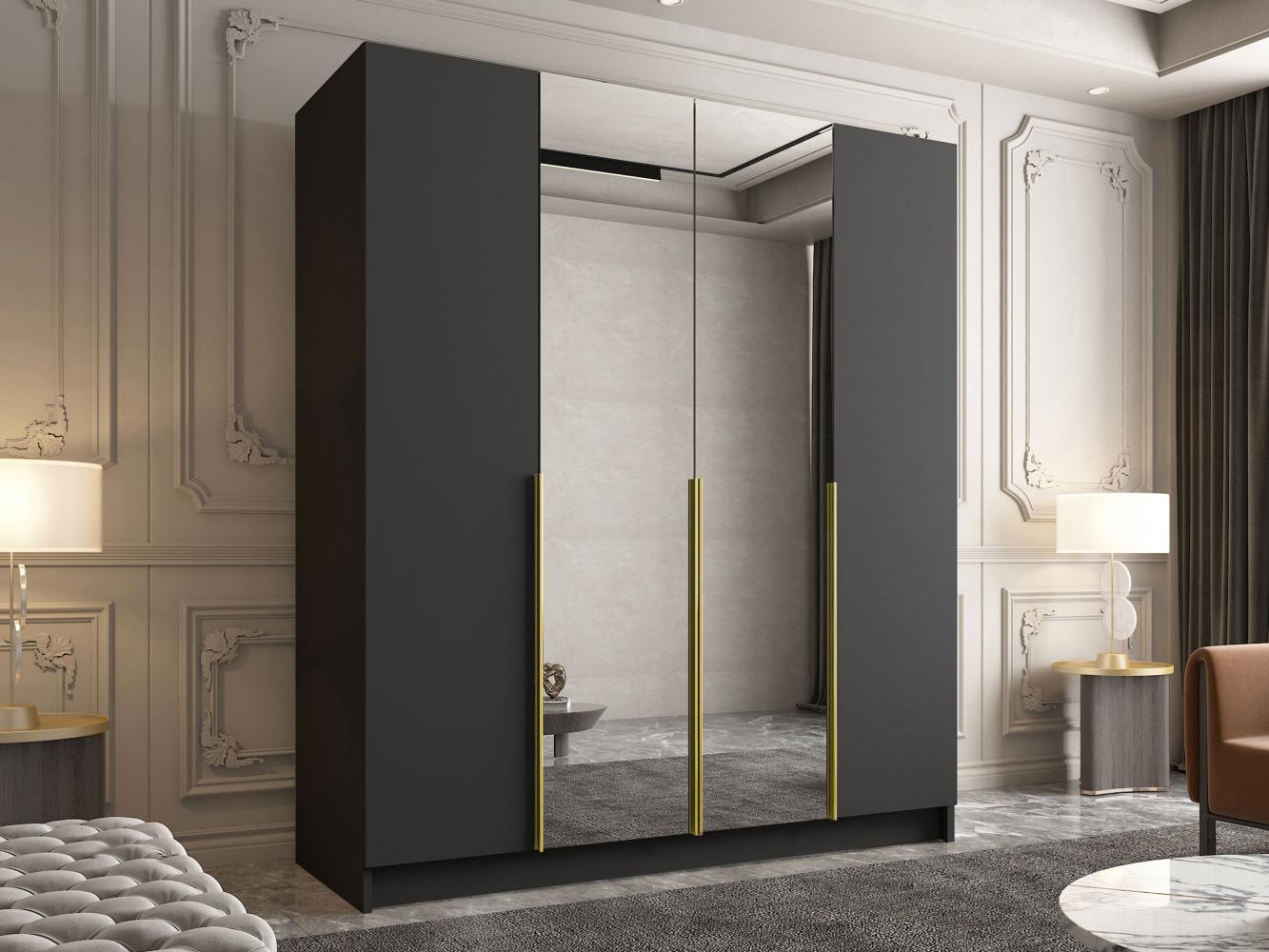 Drehtürenschrank Salkor II, Kleiderschrank mit 4 Türen, Frontspiegel (Farbe: Schwarz / Schwarz + Gold) Bild 1