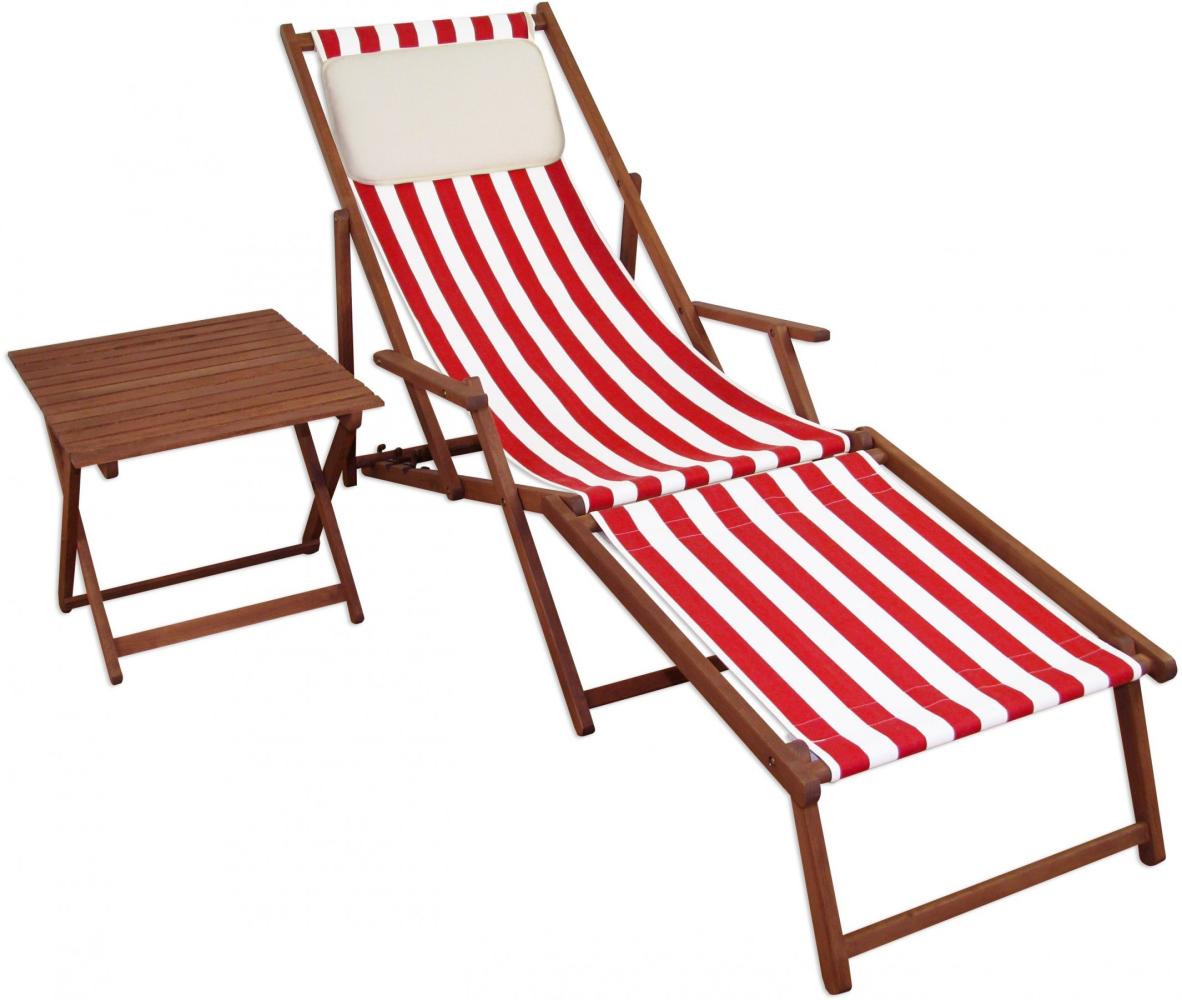Gartenliege Liegestuhl Fußteil Tisch Kissen Deckchair Holz Sonnenliege rot-weiß 10-314 F T KH Bild 1