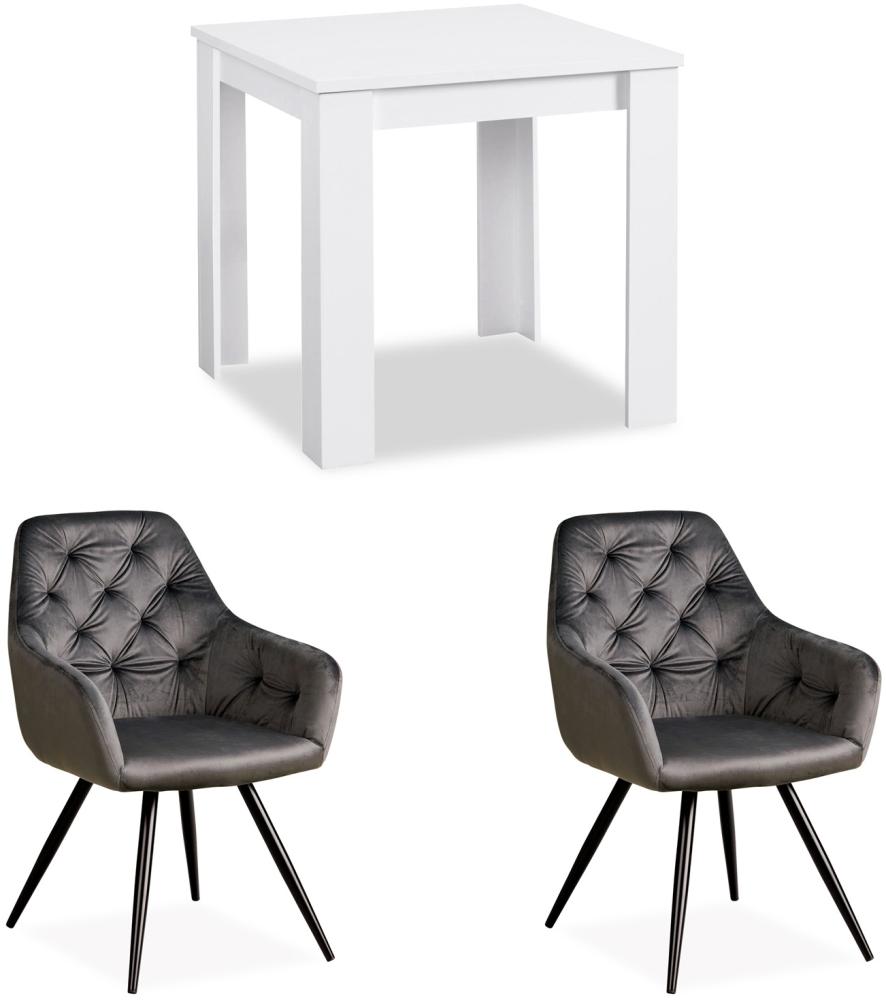 Essgruppe mit 2 Stühlen Esstisch Weiß 80x80 cm Esszimmertisch Holz Massiv Polstersessel Samt Grau Bild 1