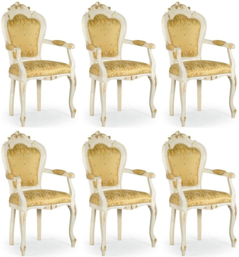 Casa Padrino Luxus Barock Esszimmer Stuhl Set mit Armlehnen Gold / Weiß / Gold 58 x 50 x H. 103 cm - Barock Küchen Stühle 6er Set - Esszimmer Möbel im Barockstil Bild 1
