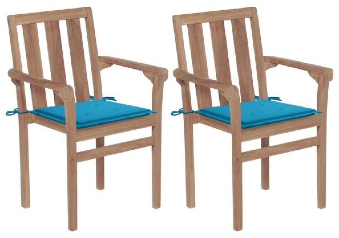 Gartenstühle 2 Stk. mit Blauen Kissen Teak Massivholz Bild 1