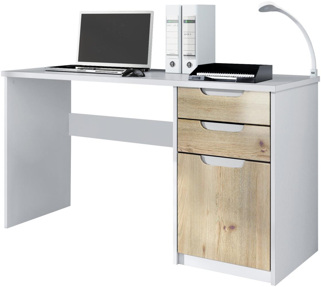 Vladon Schreibtisch Logan, Bürotisch mit 2 Schubladen und 1 Tür, Weiß matt/Eiche Nordic (129 x 76 x 60 cm) Bild 1