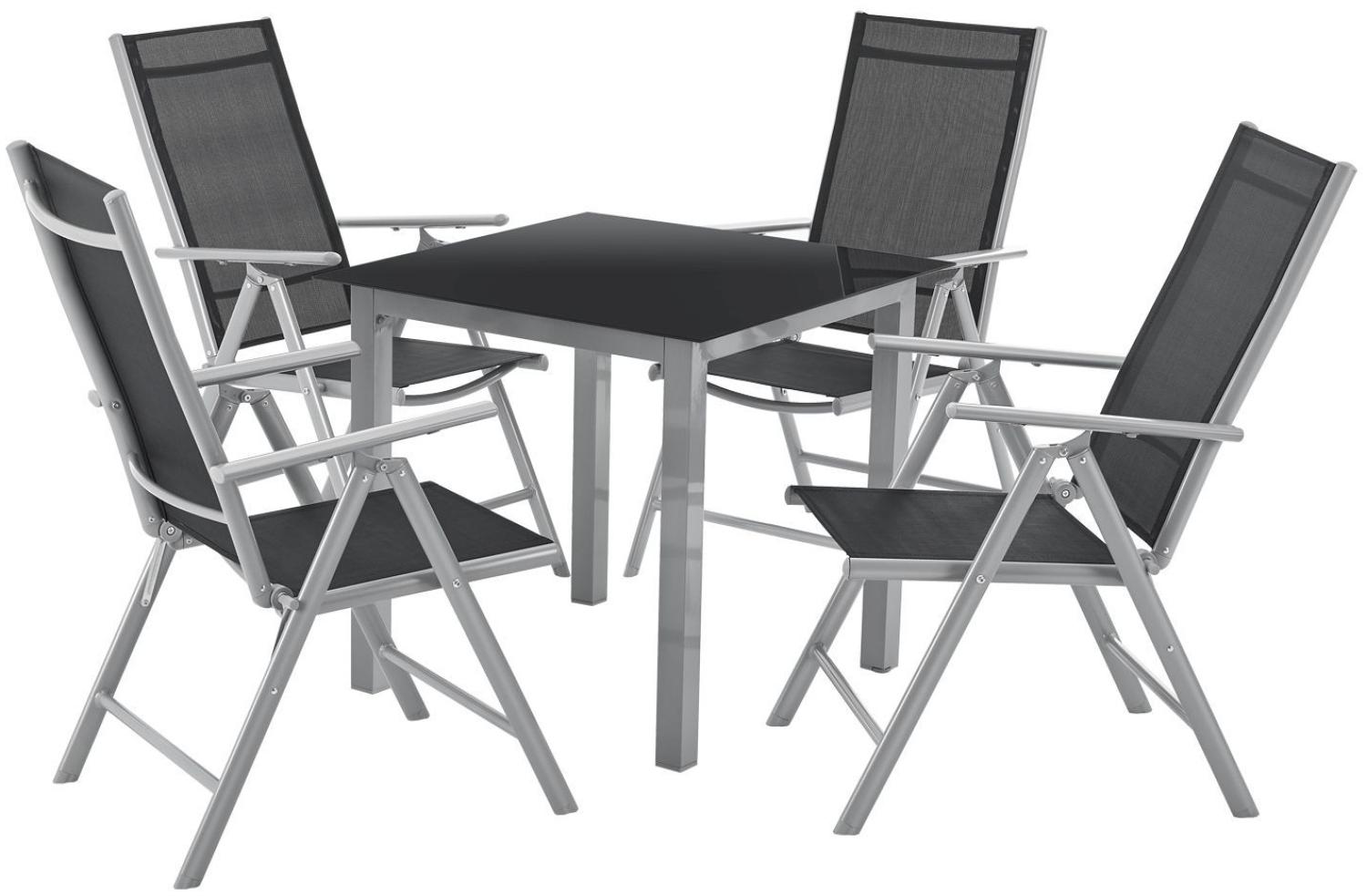 Juskys Aluminium Gartengarnitur Milano 4+1 — 4 Hochlehner Stühle verstellbar & klappbar mit Tisch — Gartenmöbel Set 5-teilig wetterfest — Silber Bild 1