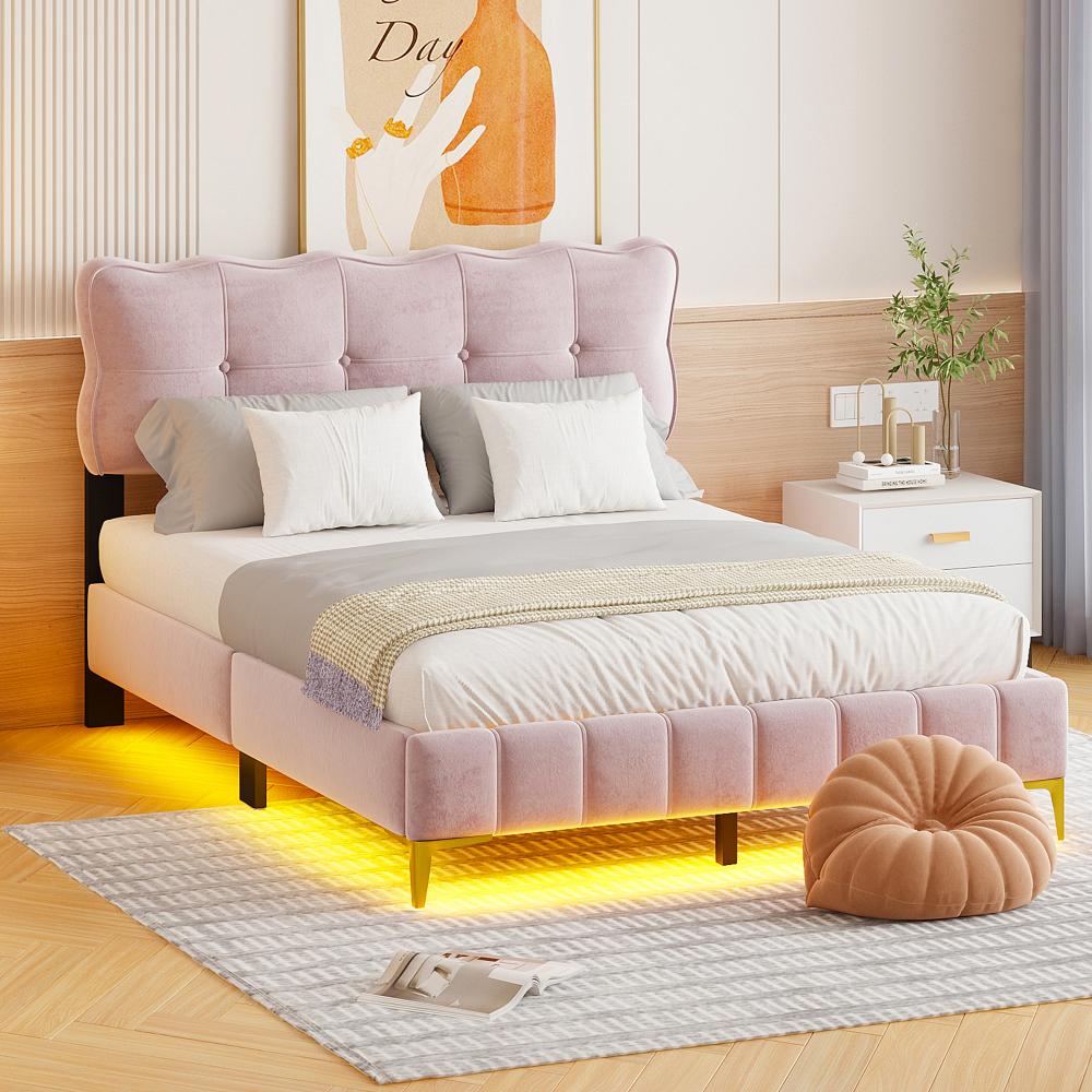 Merax Polsterbett 140 x 200 cm, Doppelbett mit LED-Leuchten Samtstoff hohe Metallfüße Rosa (ohne Matratze) Bild 1