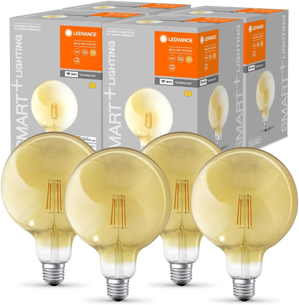 LEDVANCE Smart LED Lampe in Gold mit 6W, 2700K, E27, 125mmx178mm, mit Wifi Technologie, Leuchtmittel dimmbar Global-Form steuerbar über App und Sprachassistenten, 4er-Pack Bild 1
