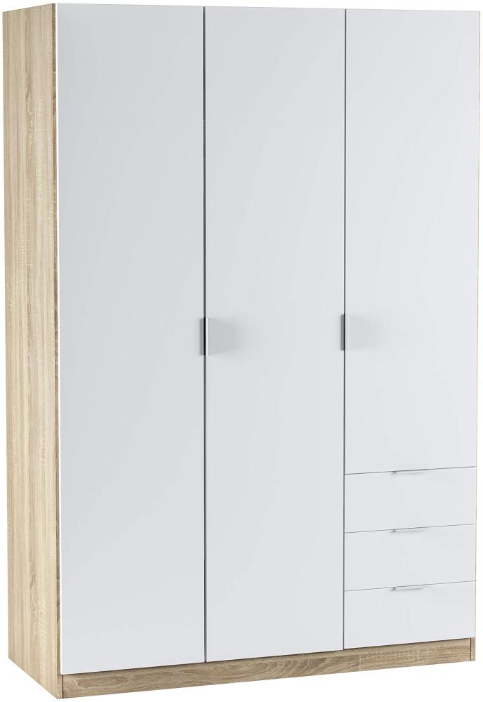 Kleiderschrank mit drei Türen und drei Schubladen, Eichenfarbe und Artikweiß, Maße 121 x 180 x 52 cm Bild 1