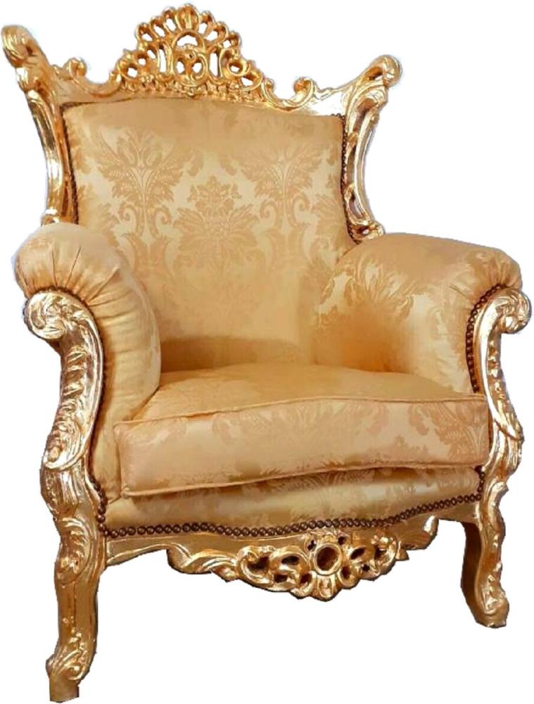 Casa Padrino Barock Sessel Al Capone Gold Muster / Gold 90 x 80 x H. 127 cm - Handgefertigter Antik Stil Wohnzimmer Sessel mit edlem Satinstoff - Barock Möbel Bild 1
