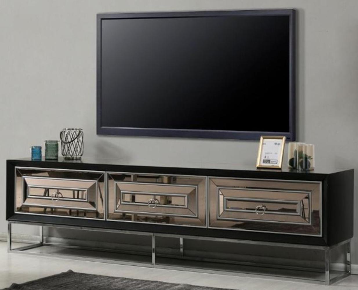 Casa Padrino Luxus TV Schrank mit 3 verspiegelten Schubladen Schwarz / Silber 220 x 49 x H. 64 cm - Wohnzimmer Möbel - Luxus Qualität Bild 1