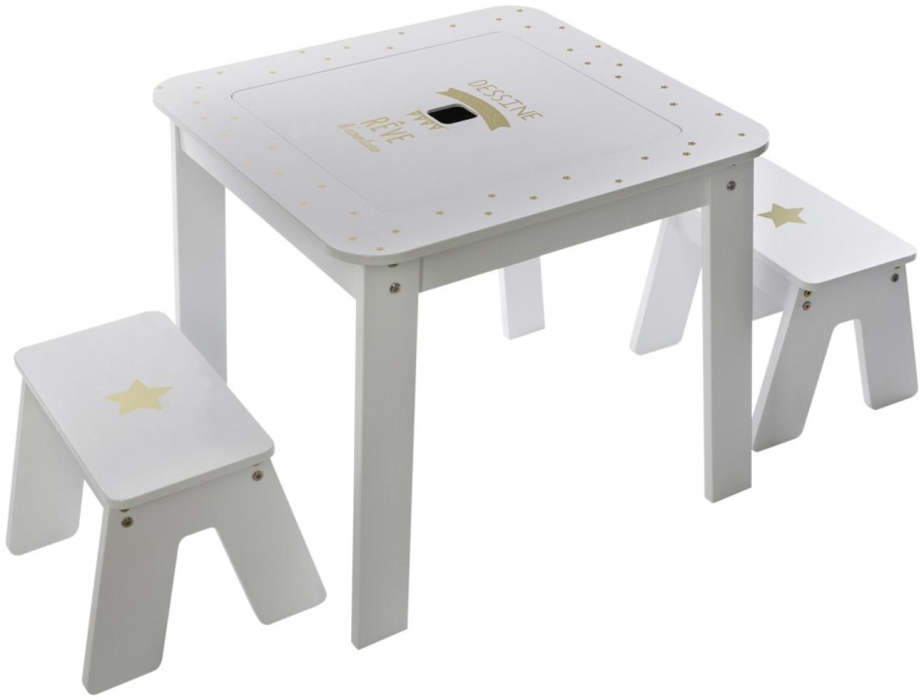 Atmosphera Beistelltisch mit Aufbewahrung, Tischplatte + 2 Hocker für Kinderzimmer, weiß/gold Bild 1