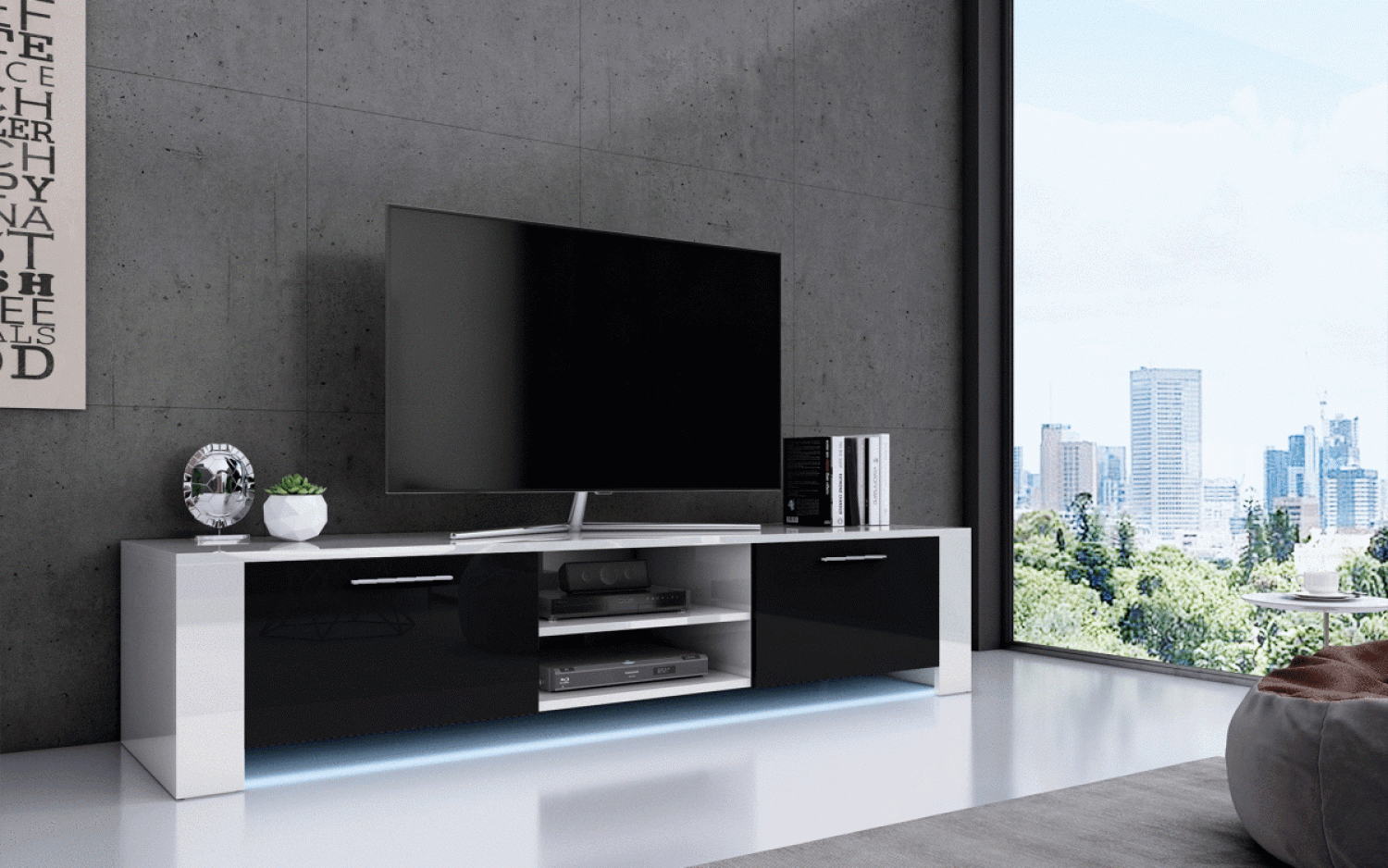 TV Lowboard Shine mit LED Weiß/Schwarz Bild 1