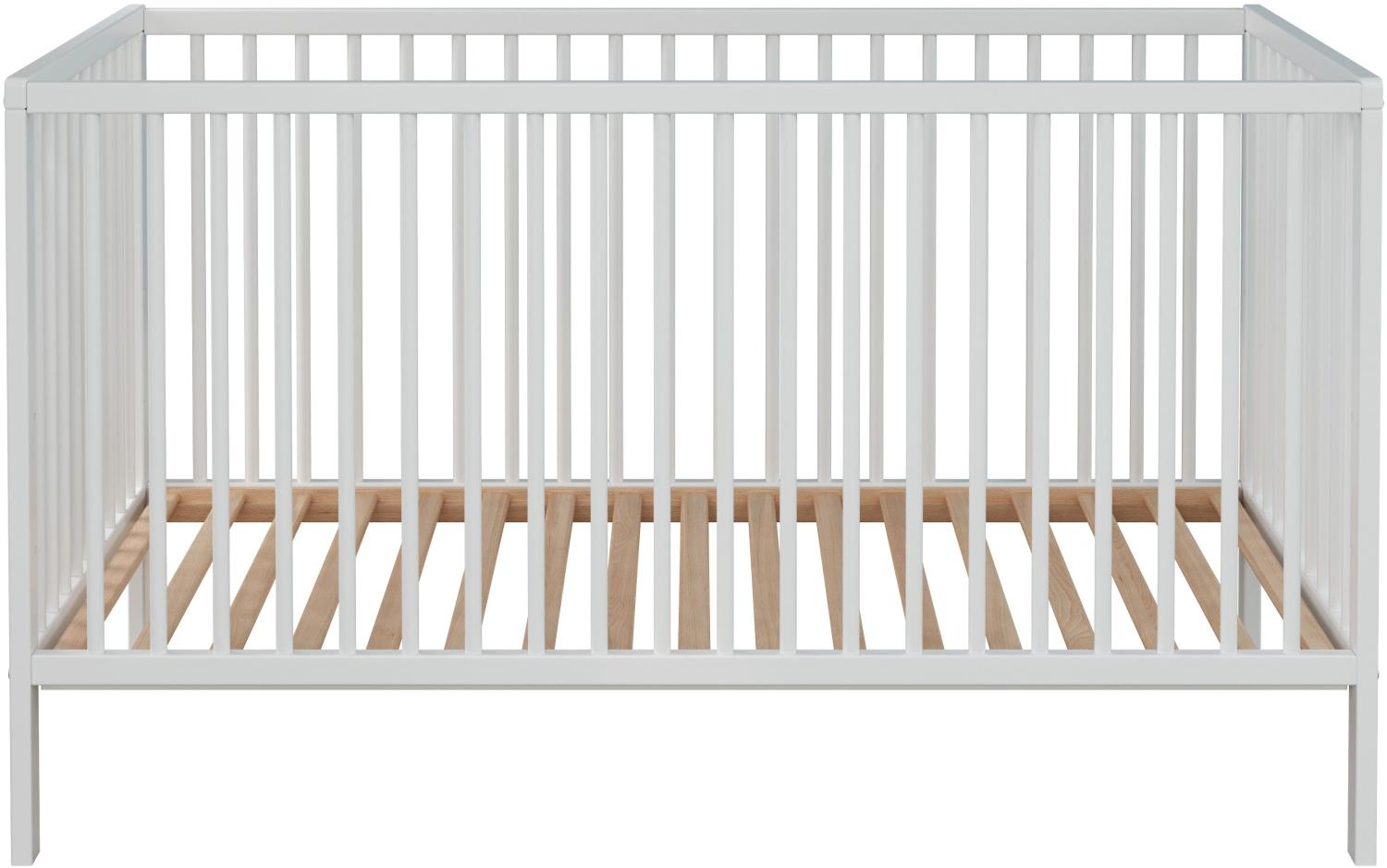 Babybett Universal Massivholz weiß Lack 70 x 140 cm Gitterbett mit Schlupfsprossen und Lattenrost Bild 1