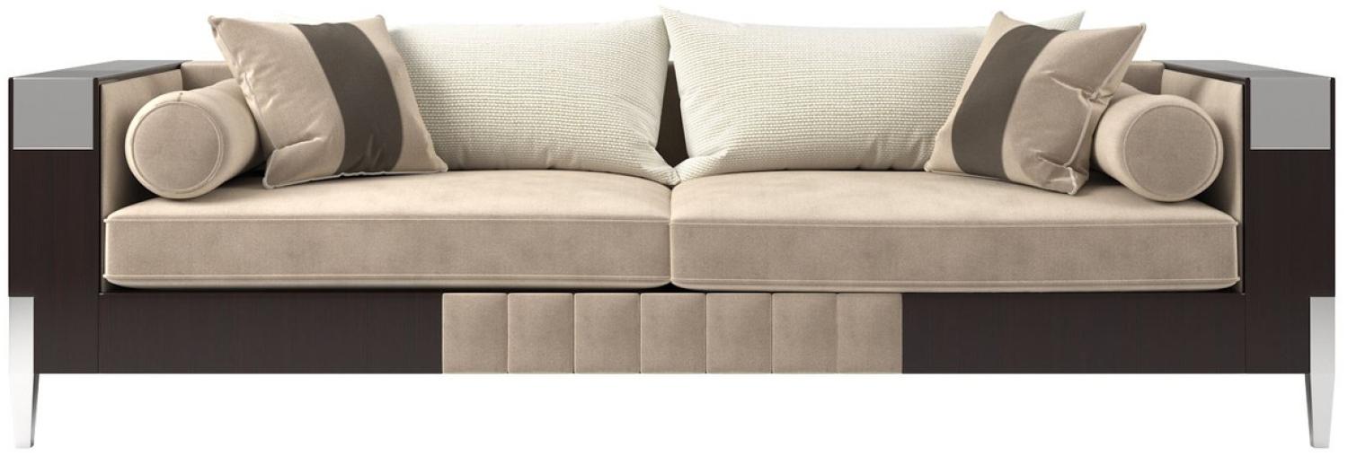 Casa Padrino Luxus Art Deco Samt Sofa Beige / Dunkelbraun / Silber 257 x 84 x H. 83 cm - Edles Wohnzimmer Sofa - Luxus Qualität - Art Deco Möbel Bild 1