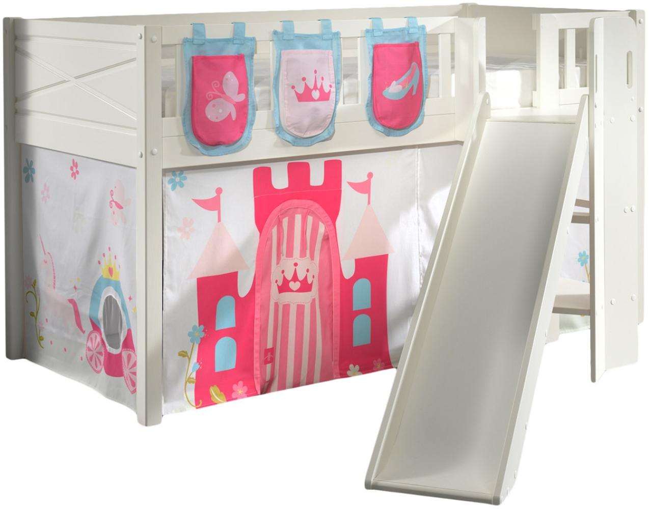 SCOTT Spielbett, LF 90 x 200 cm, mit Rolllattenrost, Rutsche, Leiter und Textilset Vorhang und 3 Taschen "Princess" Bild 1