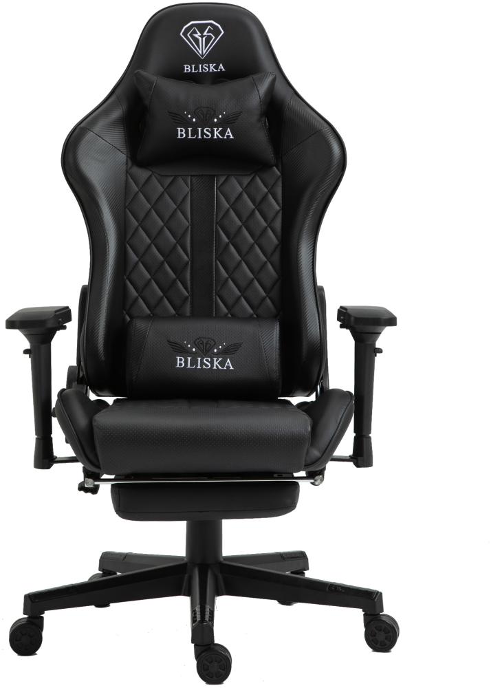 Gaming Stuhl im Racing Design in Lederoptik Bürostuhl mit flexiblen Armlehnen ergonomischer Schreibtischstuhl mit verstellbarem Rückenstützkissen, Nackenkissen und Fußstütze Schwarz Bild 1