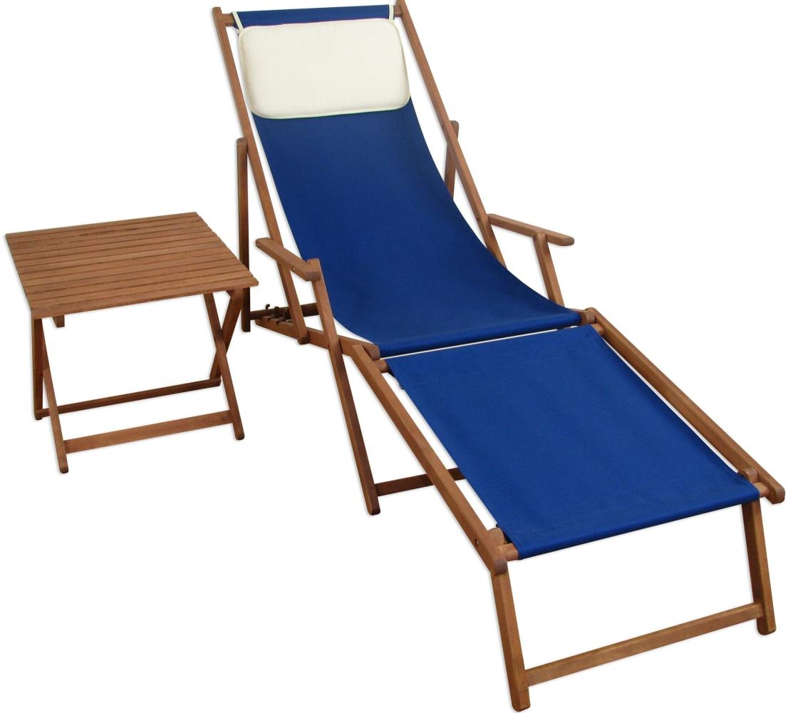 Sonnenliege blau Fußteil Kissen Tisch Gartenliege Liegestuhl Deckchair Holz Buche 10-307FTKH Bild 1