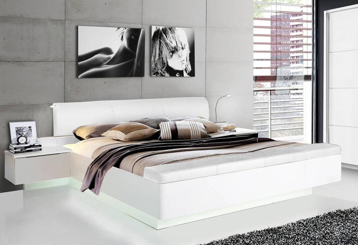 Doppelbett Ehebett Bettgestell Bett mit Nachtkonsolen u. Fußbank 180 x 200 cm weiß / weiß Hochglanz Bild 1