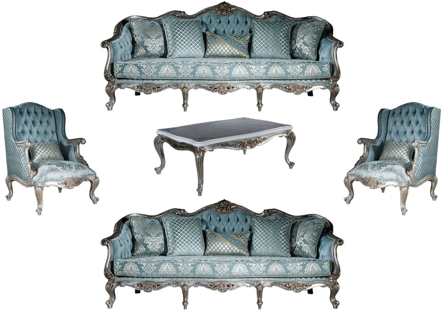 Casa Padrino Luxus Barock Wohnzimmer Set Hellblau / Silber - 2 Sofas & 2 Sessel & 1 Couchtisch - Prunkvolle Wohnzimmer Möbel im Barockstil Bild 1
