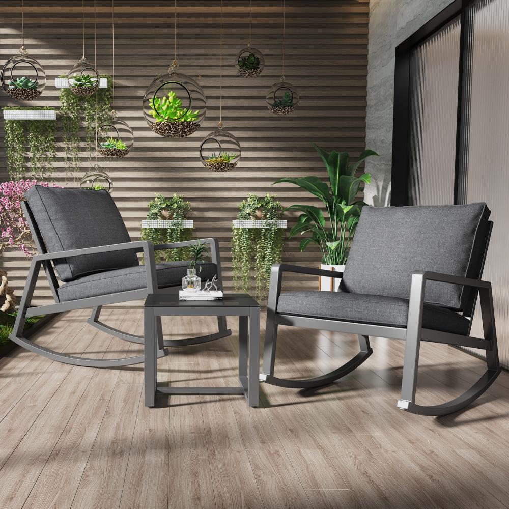 Merax 3-teiliges Schaukel-Set, Terrassen-Außenmöbel, Veranda-Stuhl-Gesprächsset mit Glas-Couchtisch mit dicken Kissen, Grau Bild 1