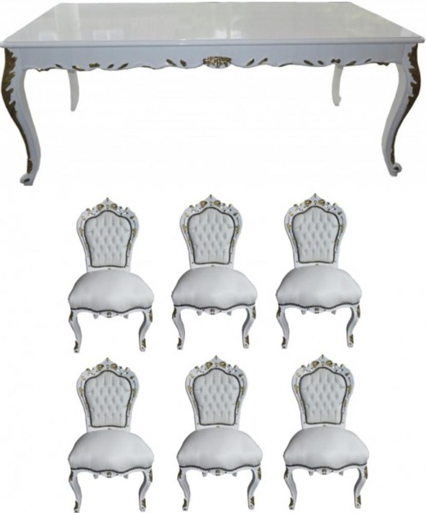 Casa Padrino Barock Esszimmer Set Weiß / Weiß / Gold - Esstisch + 6 Stühle - Möbel Antik Stil Bild 1