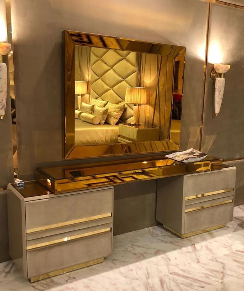 Casa Padrino Luxus Schlafzimmer Möbel Set Taupe / Gold - Edler Schminktisch mit Wandspiegel - Hotel Möbel - Luxus Qualität - Made in Italy Bild 1
