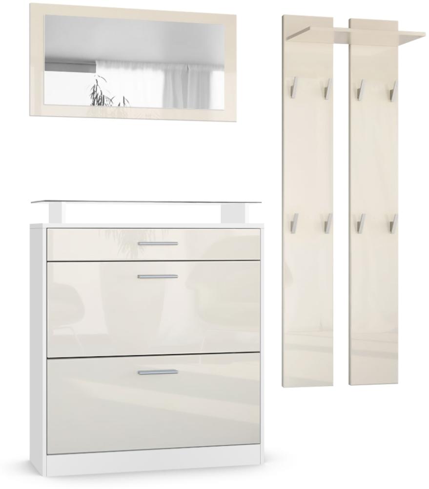 Vladon Garderobe Loret mini, Garderobenset bestehend aus 1 Schuhschrank, 1 Wandspiegel und 2 Garderobenpaneele, Weiß matt/Creme Hochglanz Bild 1