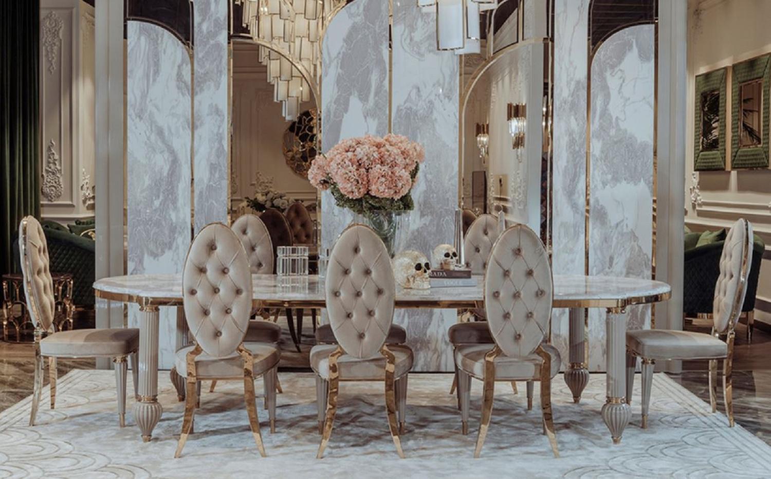 Casa Padrino Luxus Art Deco Esszimmer Set Grau / Weiß / Gold - 1 Art Deco Esstisch mit Kunstmarmor Tischplatte & 8 Art Deco Esszimmerstühle - Prunkvolle Art Deco Esszimmer Möbel - Luxus Qualität Bild 1