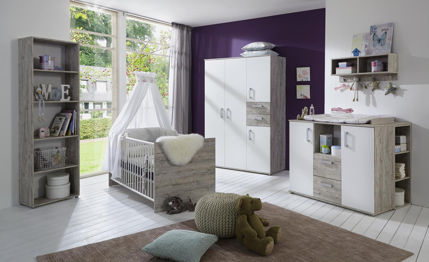 Babyzimmer 4-teilig, Babybett, Wickelkommode, Kleiderschrank & Umbauseite, Bente Komplettset Bild 1